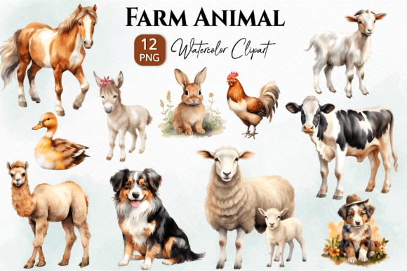 Charming Farm Animal Watercolor Clipart PNG for Creative Projects